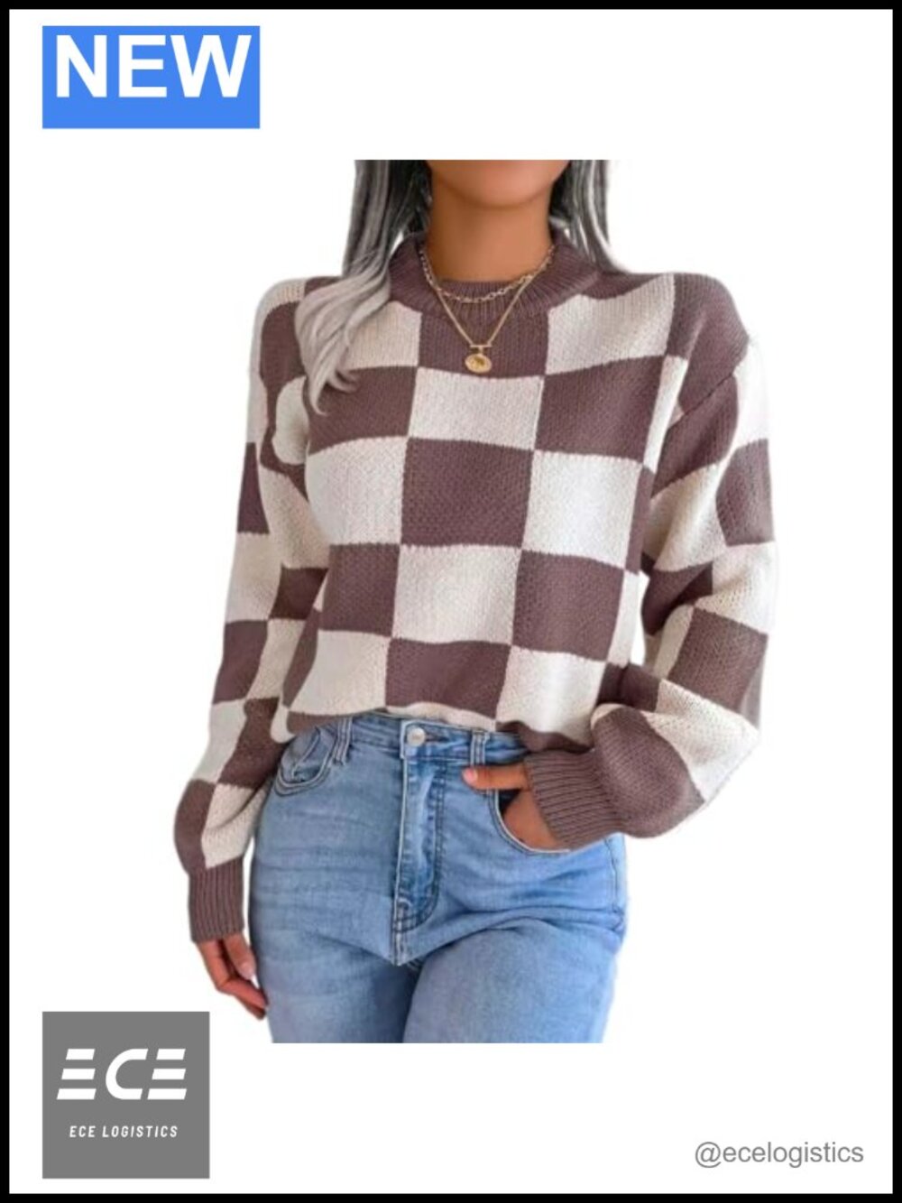 Women's Plaid Knitted Pullover Sweater Crew Neck Long Sleeve Y2K Preppy Style